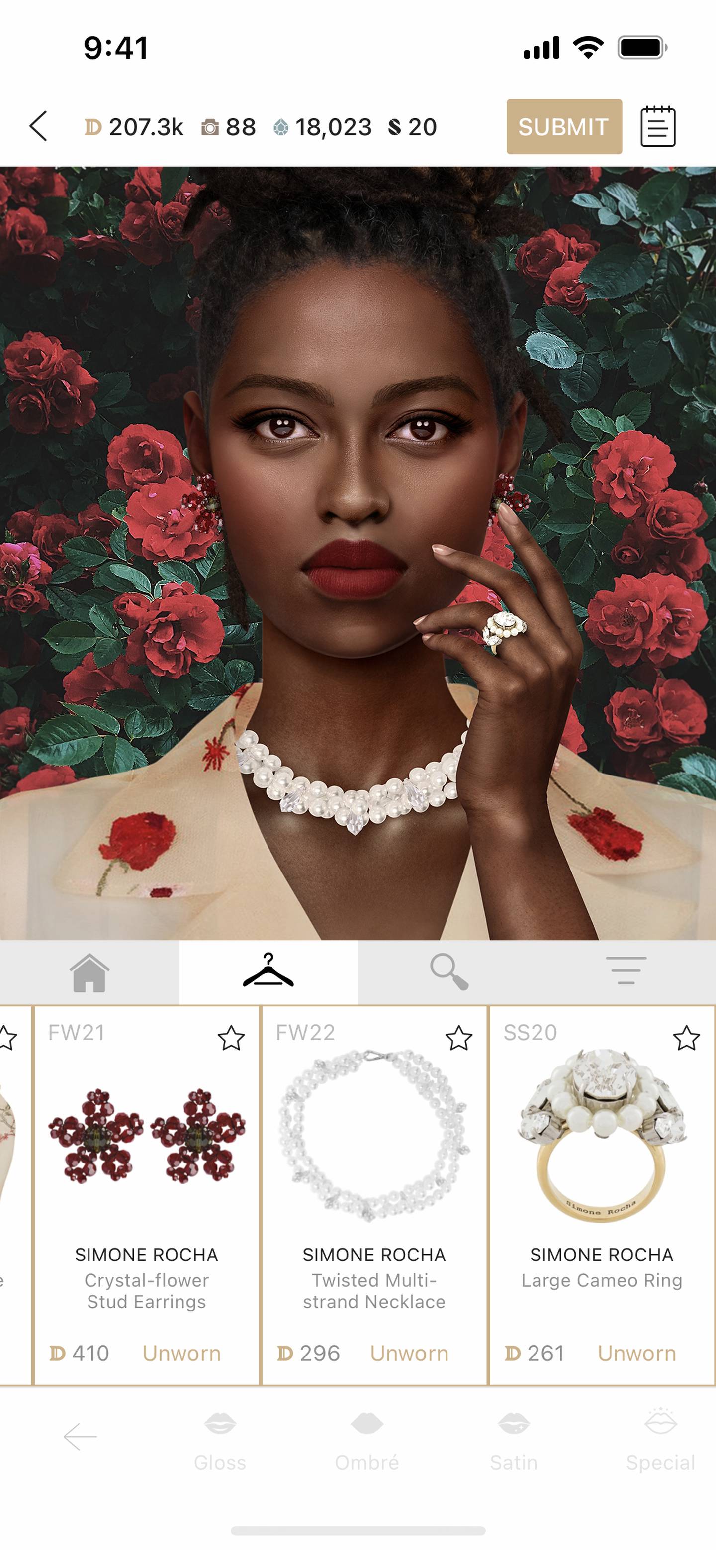 A screenshot from the game shows a digital model wearing a Simone Rocha necklace, earrings, and ring.
