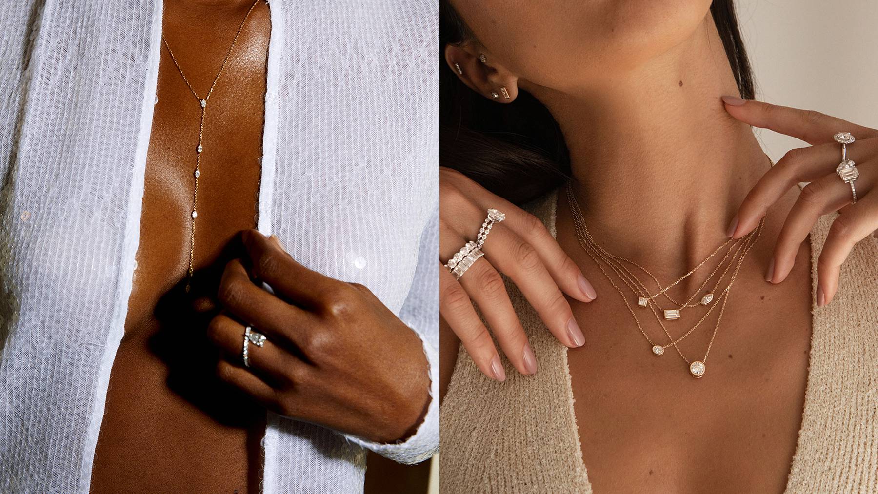 A diptych image of two women wearing a drop pendant necklace and engagement ring (left) and multiple necklaces, rings and earrings (right), all made from lab-grown diamonds.