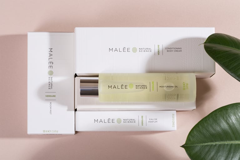 Malēe Natural Science collection including skincare and fragrances. Malēe Natural Science.