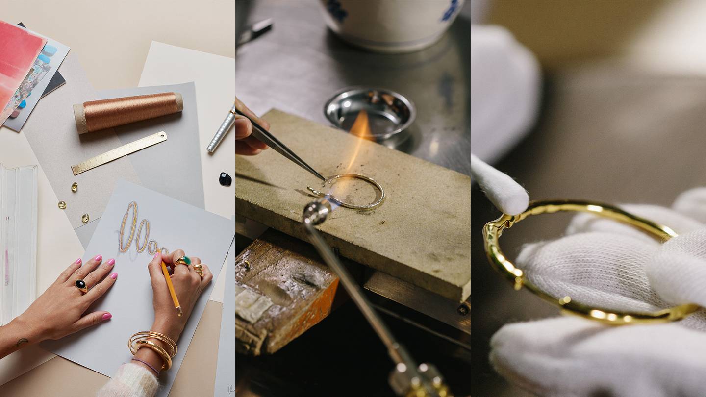 A series of three photos show different stages of an earring's production and development. The first shows two hands sketching the initial design for gold hoops. The second is in a workshop, where a gold hoop is being melted for shape, and in the final image a white-gloved hand holds the finished hoop as it is polished.