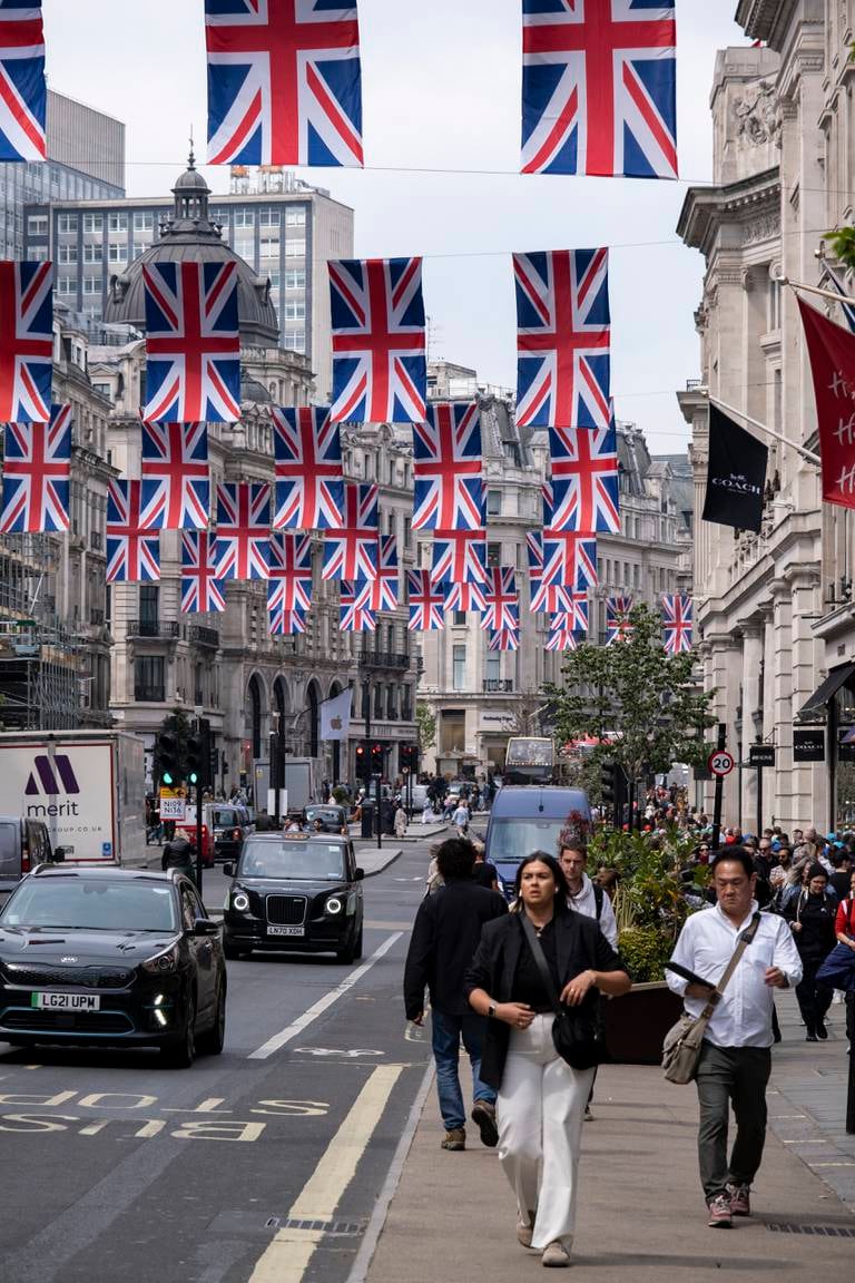 Major London shopping artery Regent Street is decked out in Union Jacks ahead of the Coronation on May 6.