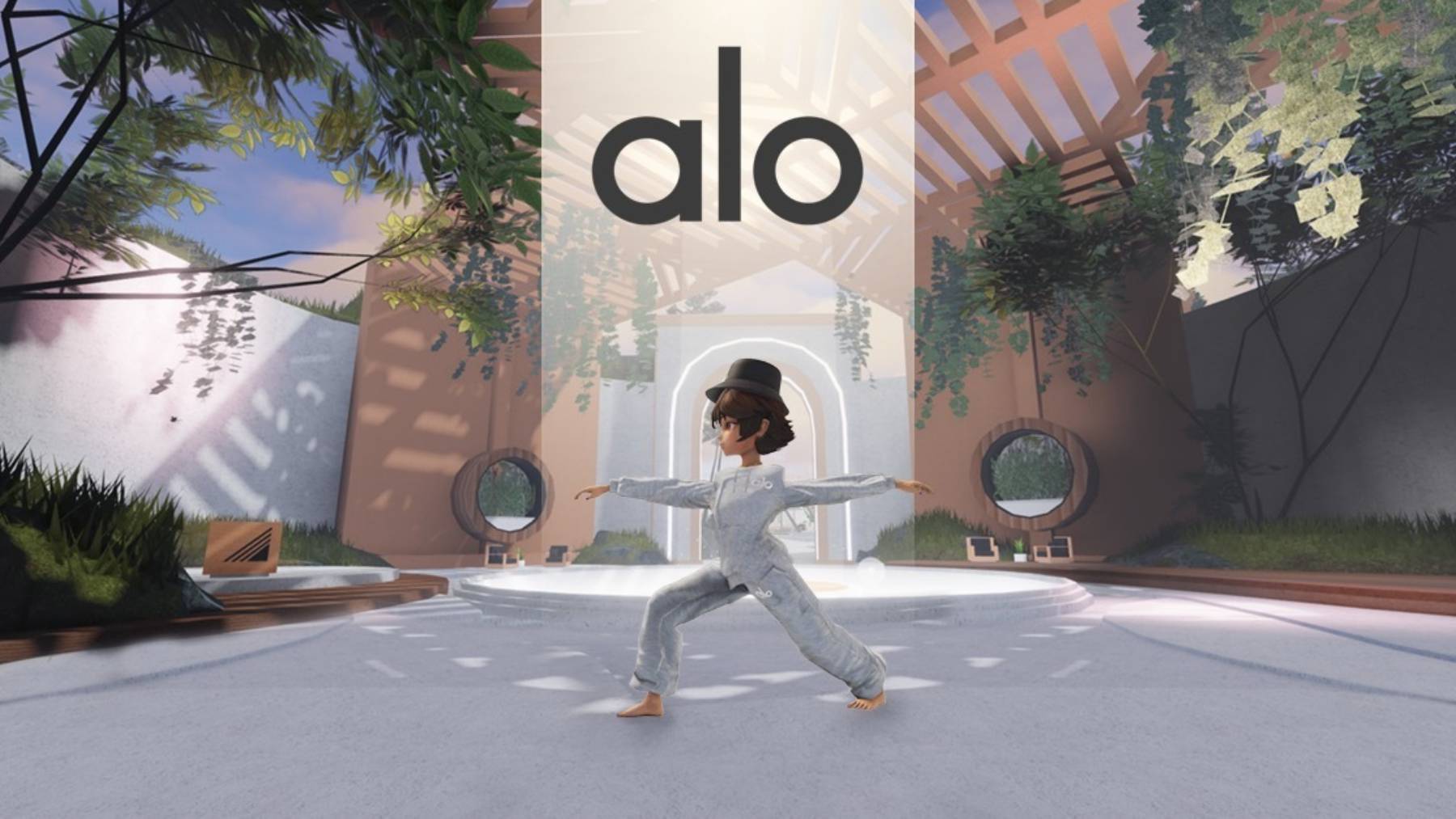 A Roblox avatar stands in warrior pose in a serene space filled with greenery where the Alo logo floats in a beam of light in the background.