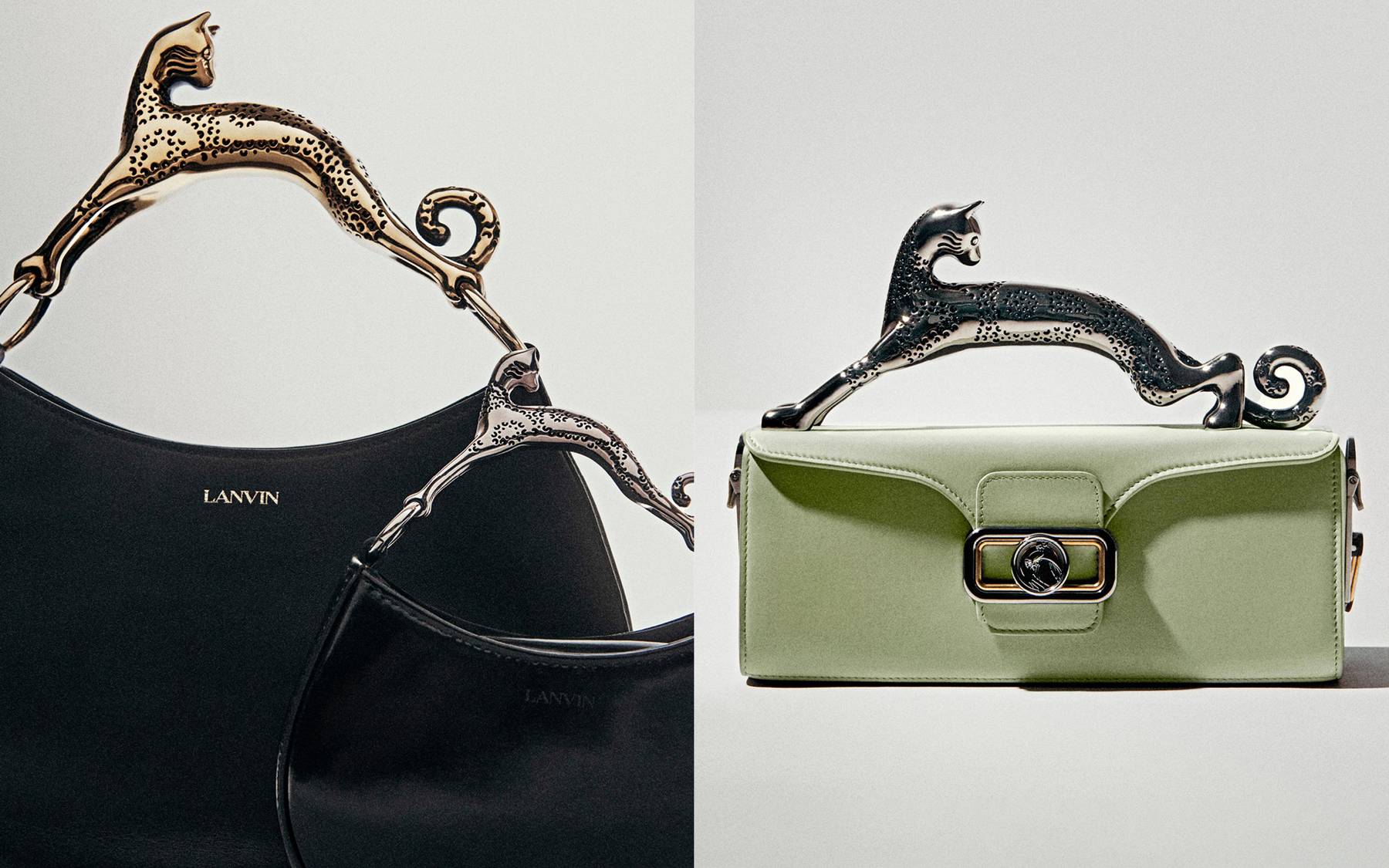 Two Lanvin purses in green and black with a cat-shaped handle.