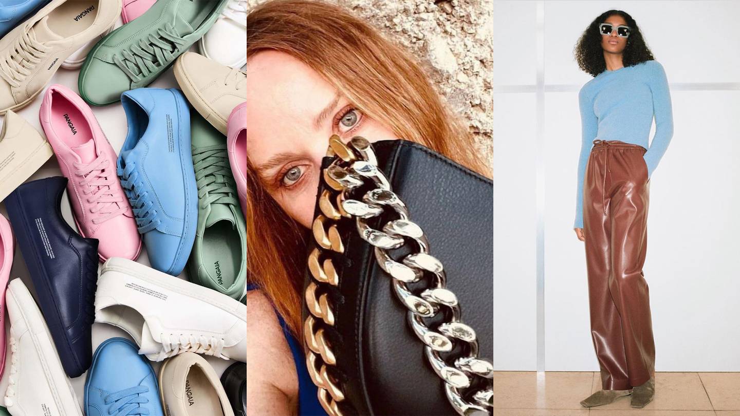 Three images are presented side by side. A selection of Pangaia sneakers in white, green, pink, blue and black are jumbled together in the left-hand image. In the middle, Stella McCartney holds a small handbag over her face. On the right a model in sunglasses strikes a pose in a blue jumper and brown leather-look trousers by Nanushka.