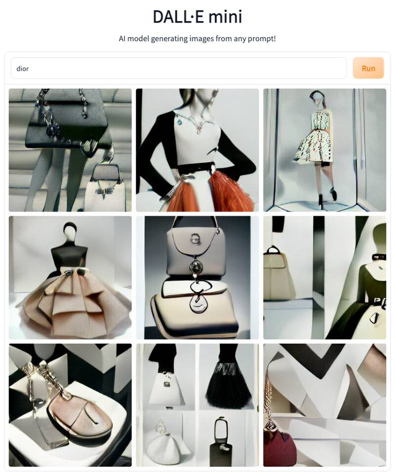 Leather handbags and nipped-waist dresses appear in Dall-E Mini's generated imagery for Dior.