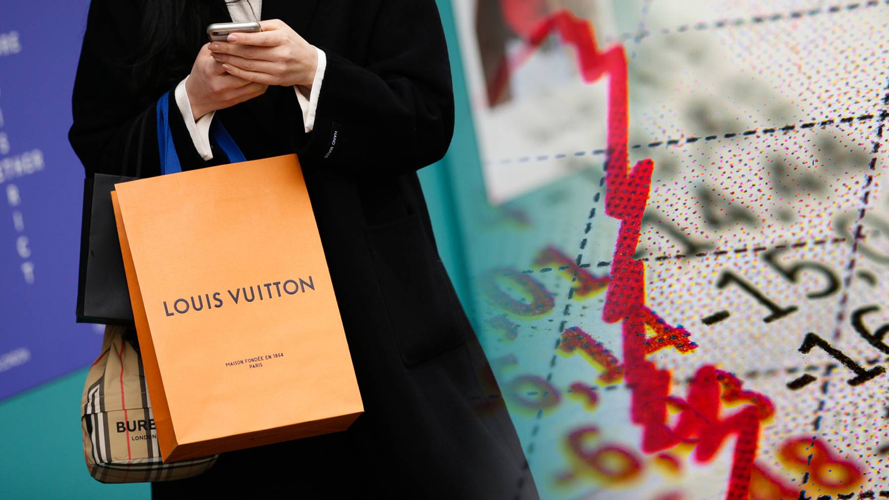A luxury shopper holding a Louis Vuitton shopping bag and a Burberry pouch, next to an image of a declining stock market.