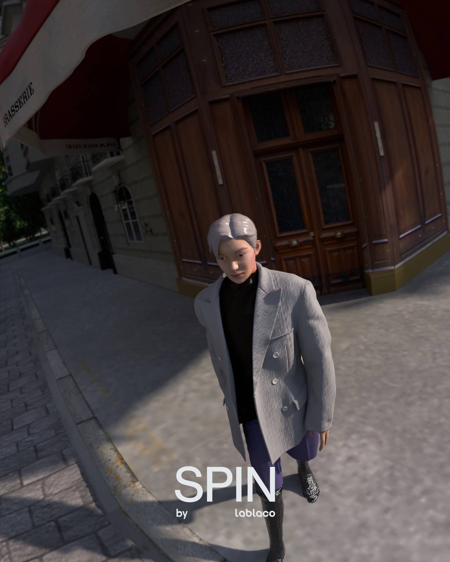 An avatar in a virtual world stands at a street corner in a grey double-breasted coat.