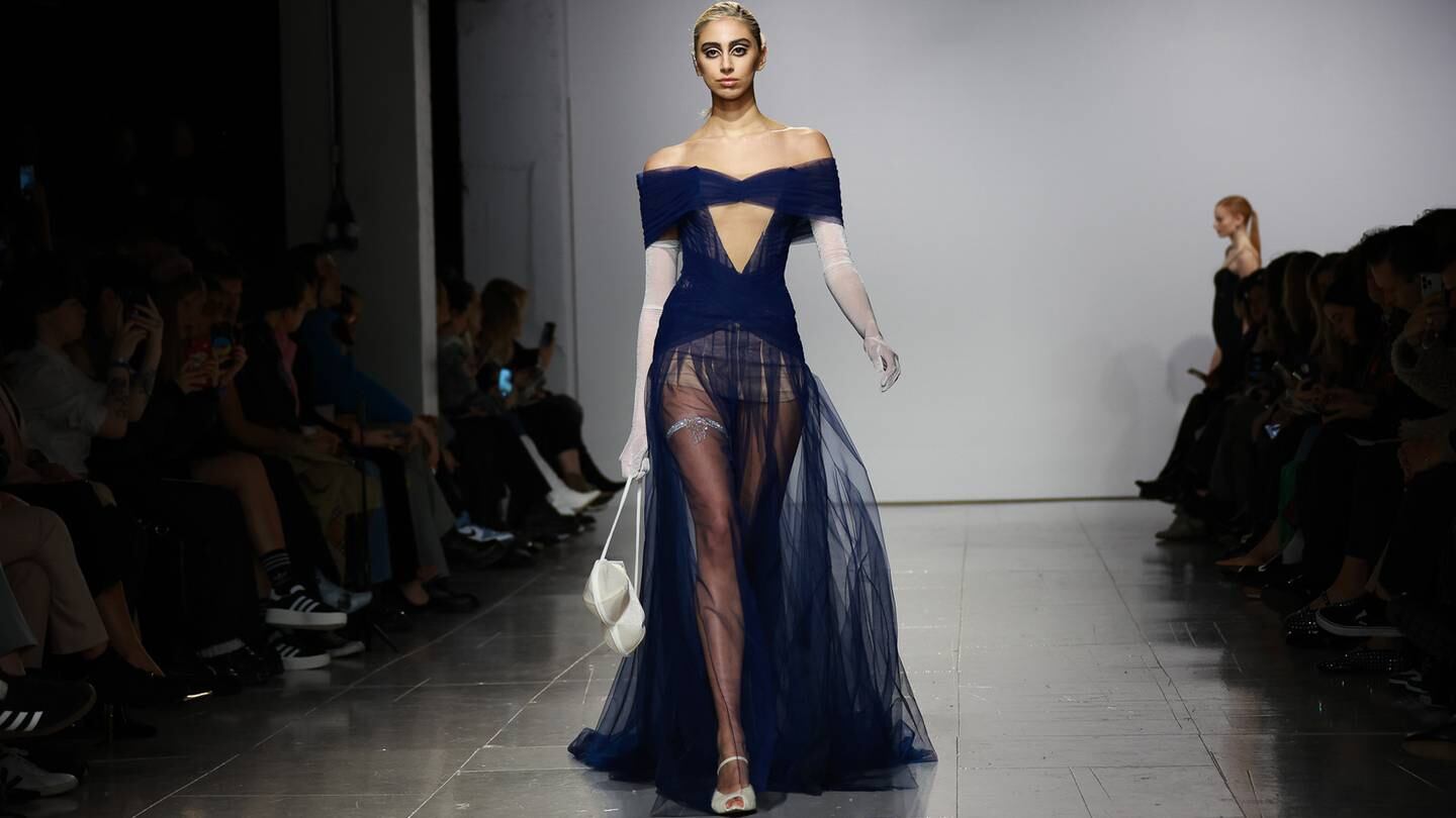A model walks the runway at Ukrainian Fashion Week presents: Frolov, Kseniaschnaider, Paskal during London Fashion Week.
