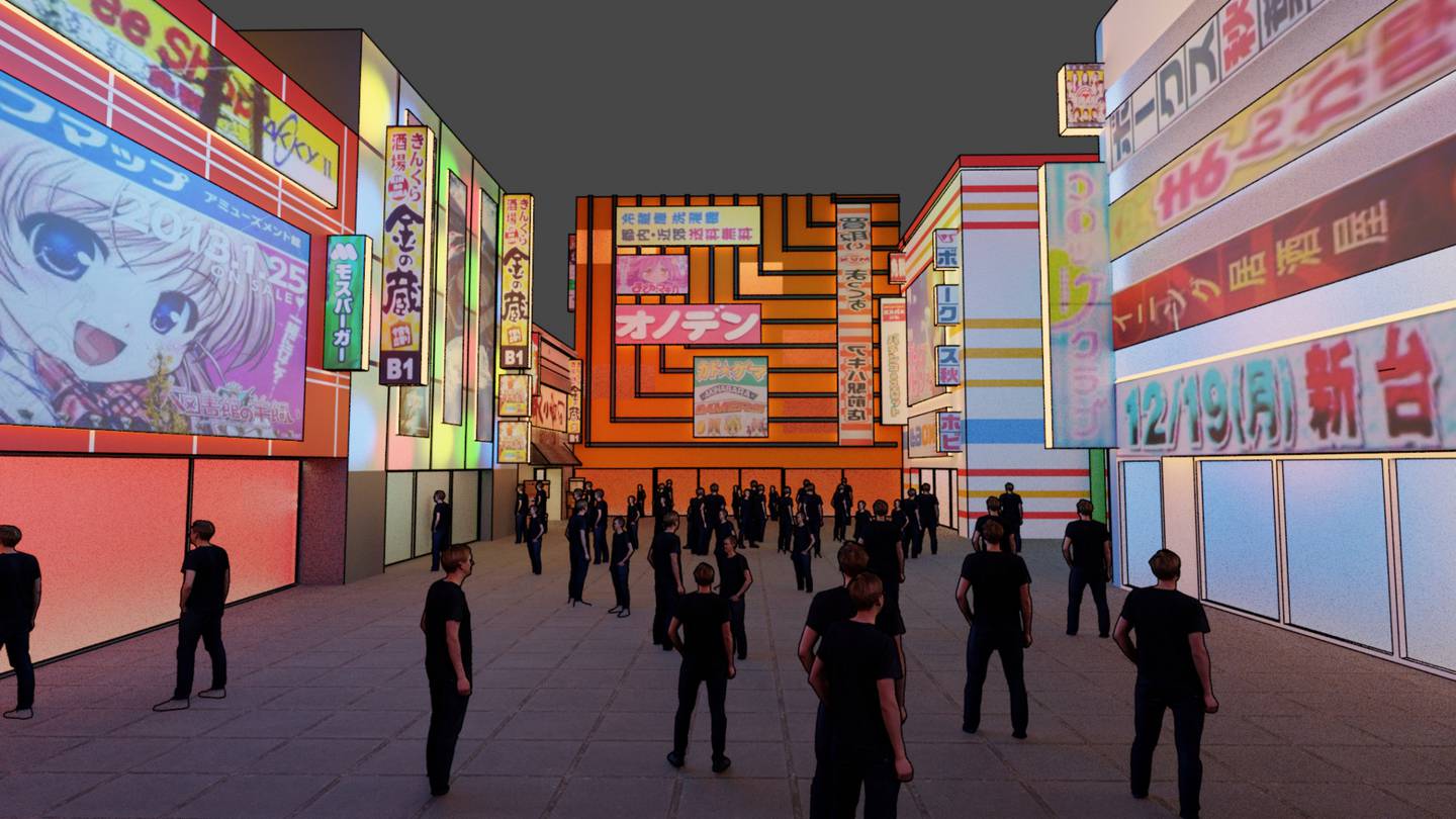 Avatars mill about a virtual shopping plaza modeled after Tokyo's Harajuku district.
