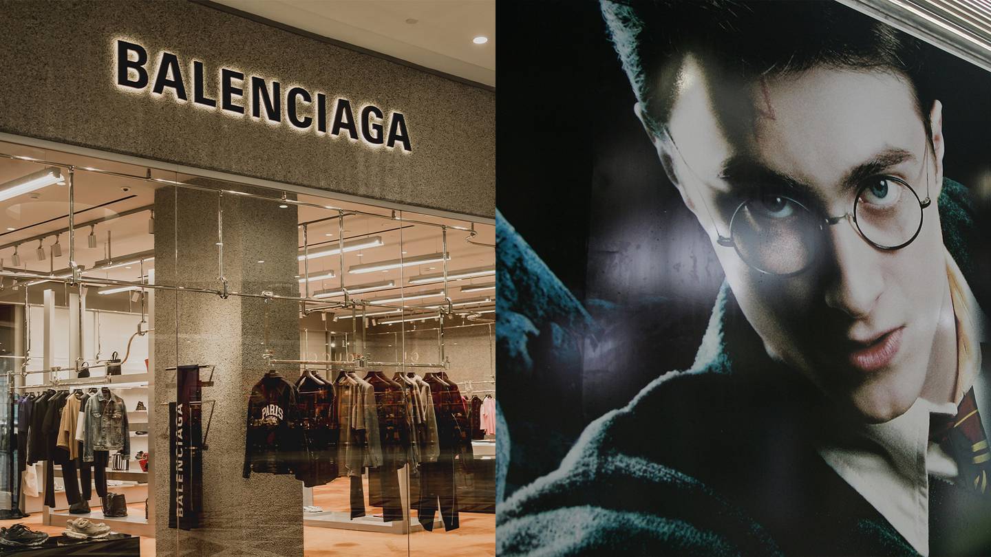 On the left: an image of a Balenciaga store sign above glass windows looking into a store. On the right: a Harry Potter film poster.