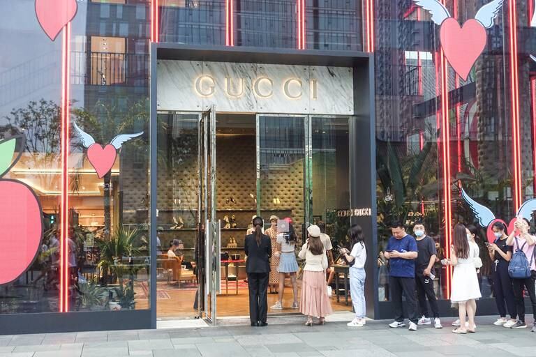 A long lines of customers outside the Gucci story on Chengdu International Finance Square, an internationally recognised urban complex in the Western Chinese city of Chengdu