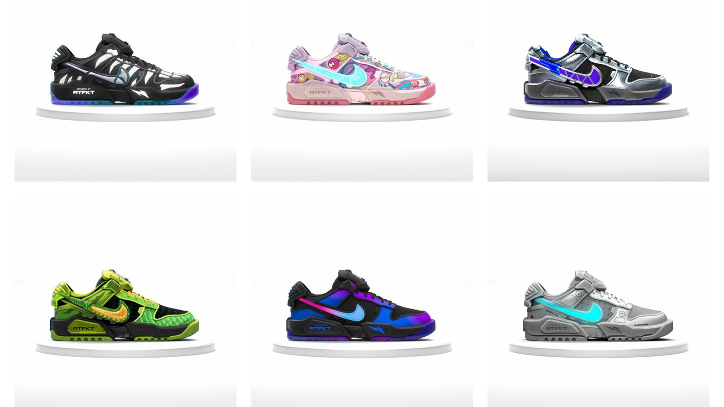 A collage image shows six futuristic-looking, digital Nike Dunks.