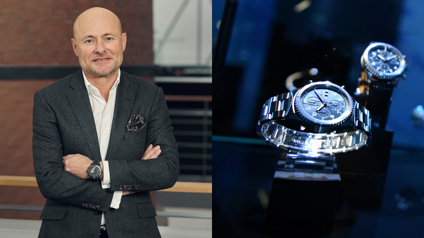 Breitling chief executive Georges Kern; Breitling watches at the exhibition at the '#LEGENDARYFUTURE' Roadshow in Zürich, Switzerland. Breitling; Getty Images.