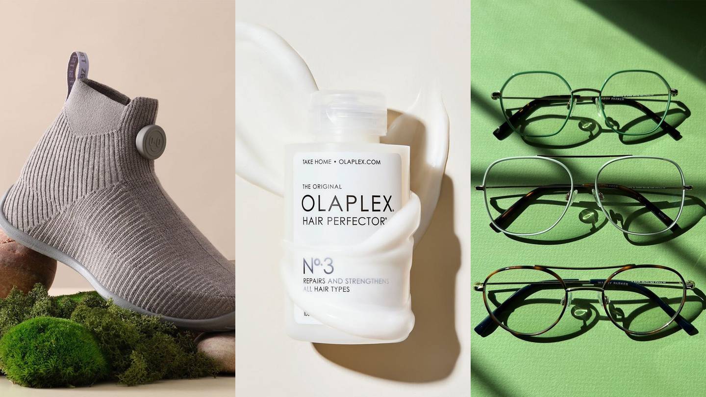 A triptych of Warby Allbirds, Olaplex and Warby Parker
