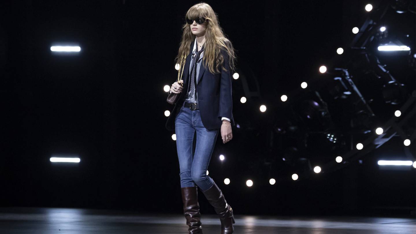 A model walks the Celine Winter 2023 show, "The Age of Indieness," which took place on December 8, 2022, at the Wiltern Theatre in Los Angeles, California.