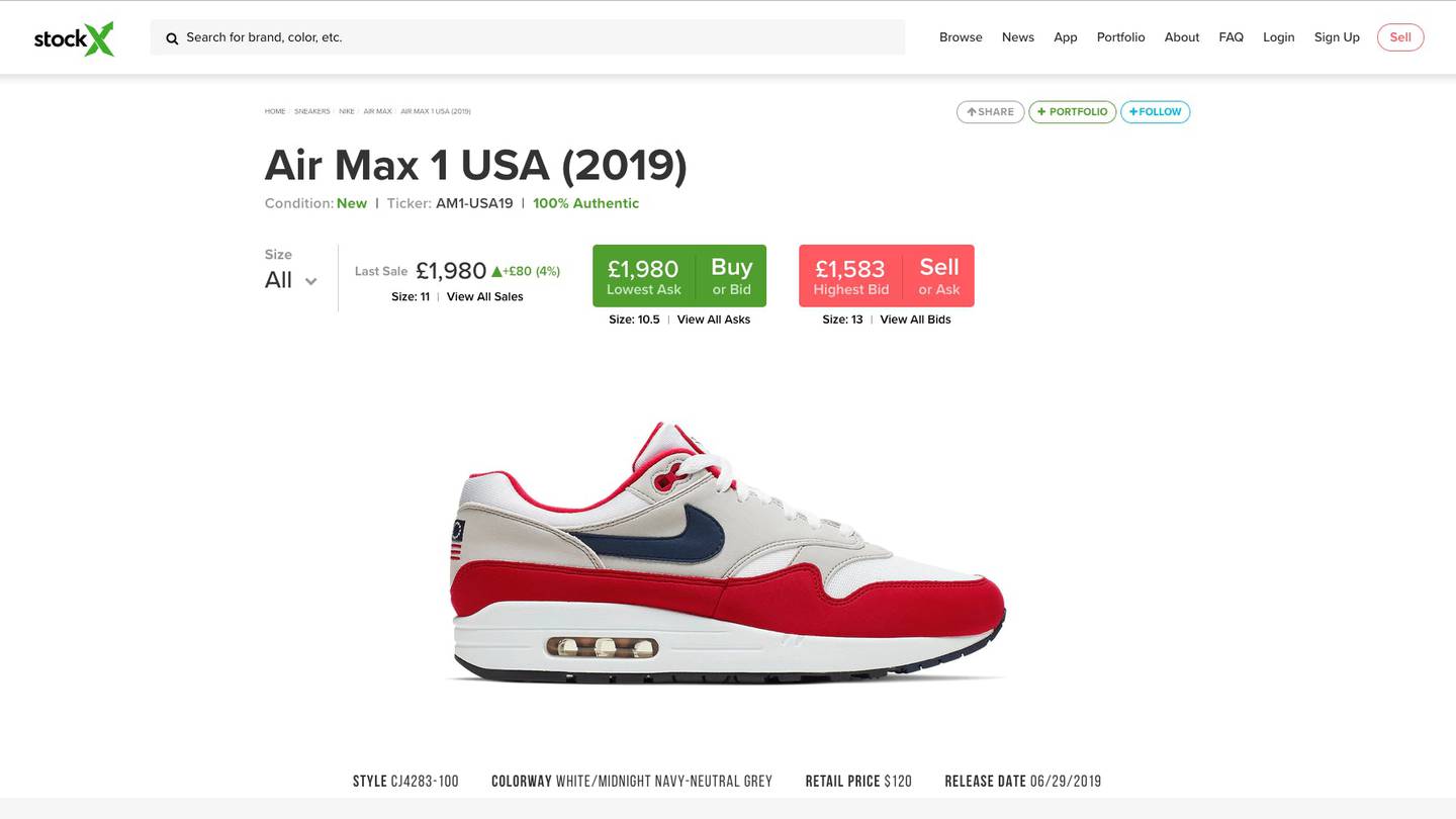 Air Max 1 USA listed on StockX.