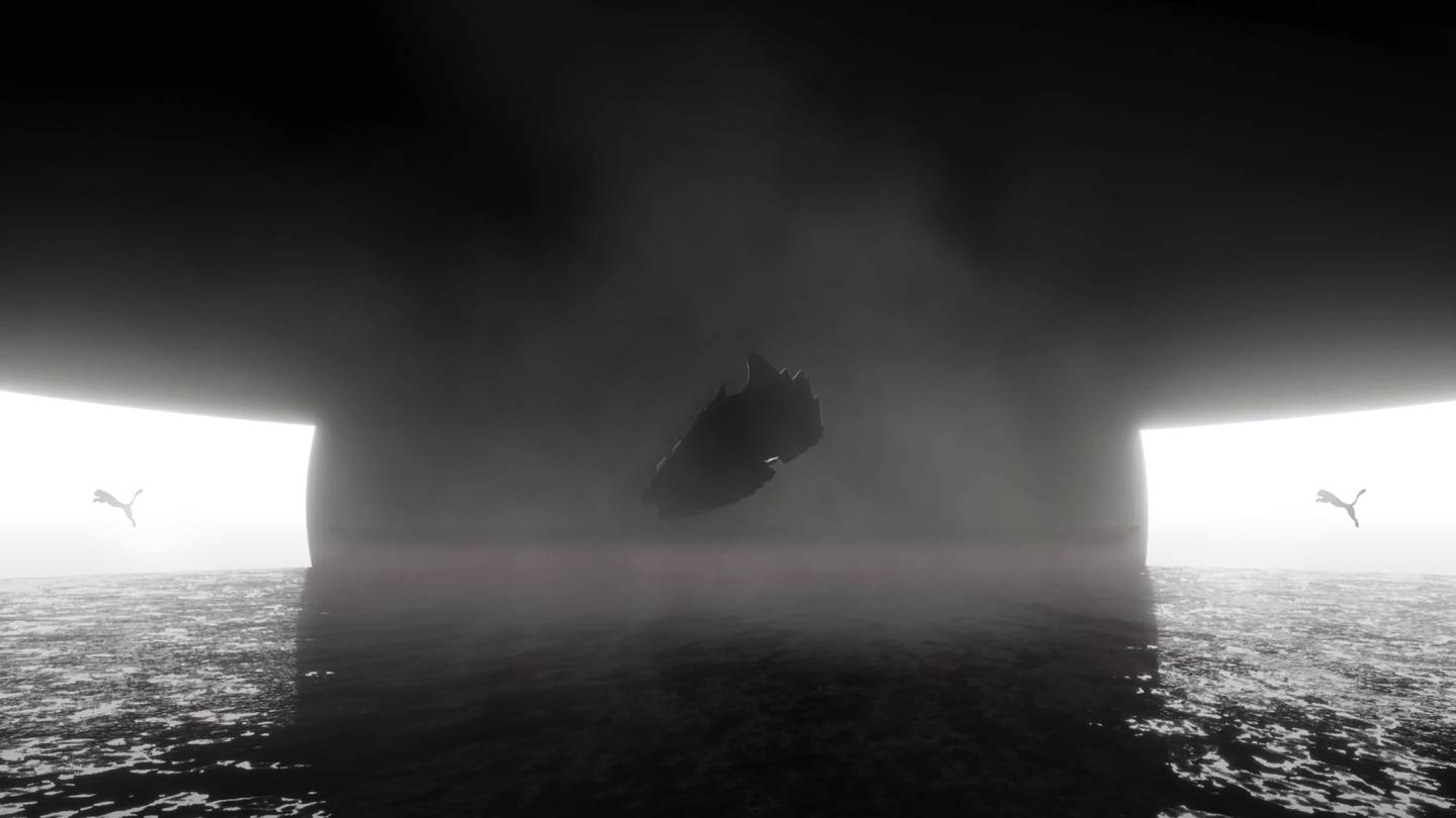 A shadowy silhouette of a sneaker clouded in smoke hovers above a watery surface in a virtual space.