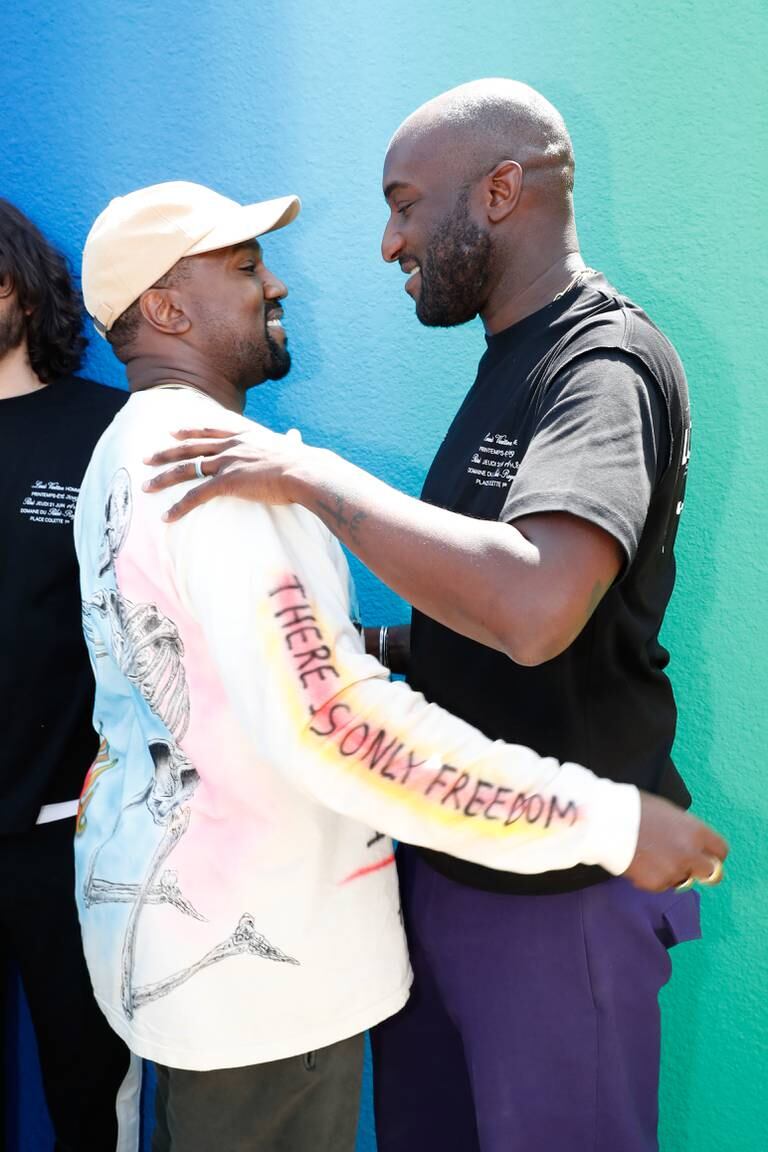 Kanye West with Virgil Abloh after Abloh's debut show for Louis Vuitton in June 2018.  Bertrand Rindoff Petroff/Getty Images