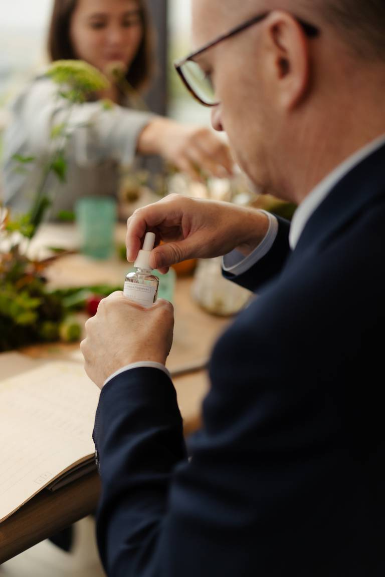 Lorenzo Cotti, CEO of Integra Fragrances, holding a fragrance samples at the Integra Fragrances x BoF workshop and event in Milan.