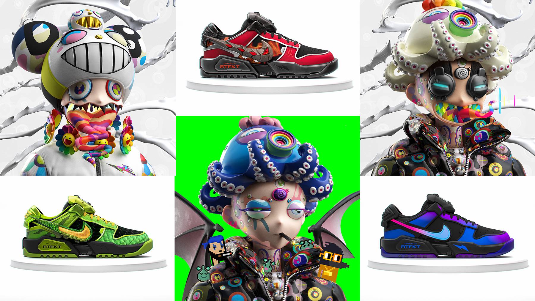 A photocollage shows the Takashi Murakami-designed avatars of RTFKT's founders and images of RTFKT's virtual sneakers with Nike.