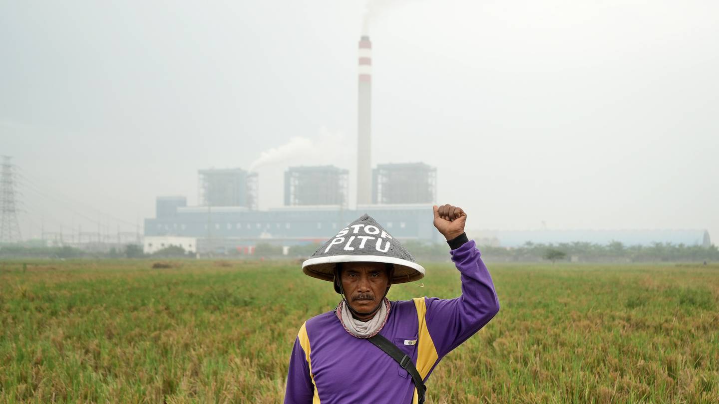An Indonesian villager protests against the use of biomass like wood pallets or sawdust as fuel for power plants.