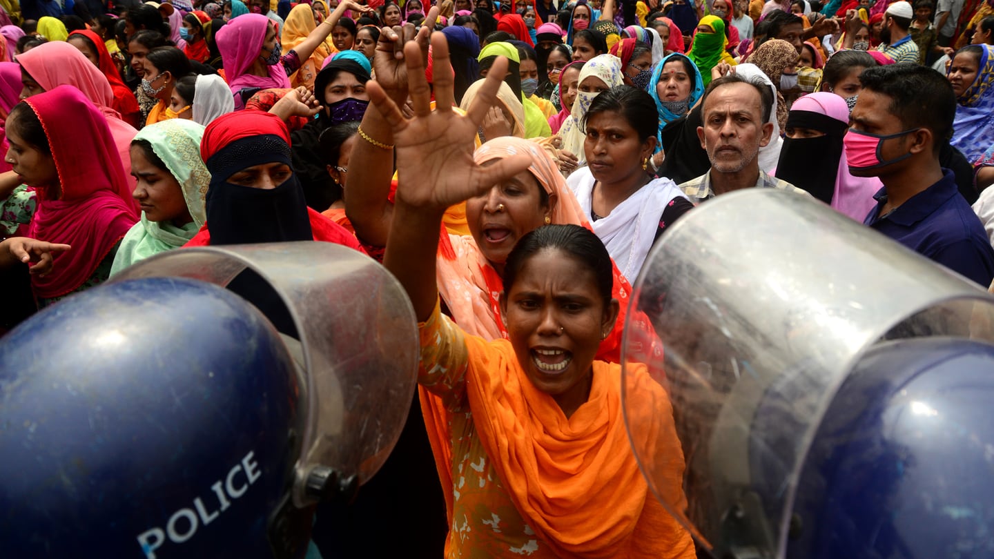 Garment workers protest in Dhaka, Bangladesh in March to demand wages due. Mamunur Rashid/NurPhoto via Getty Images.