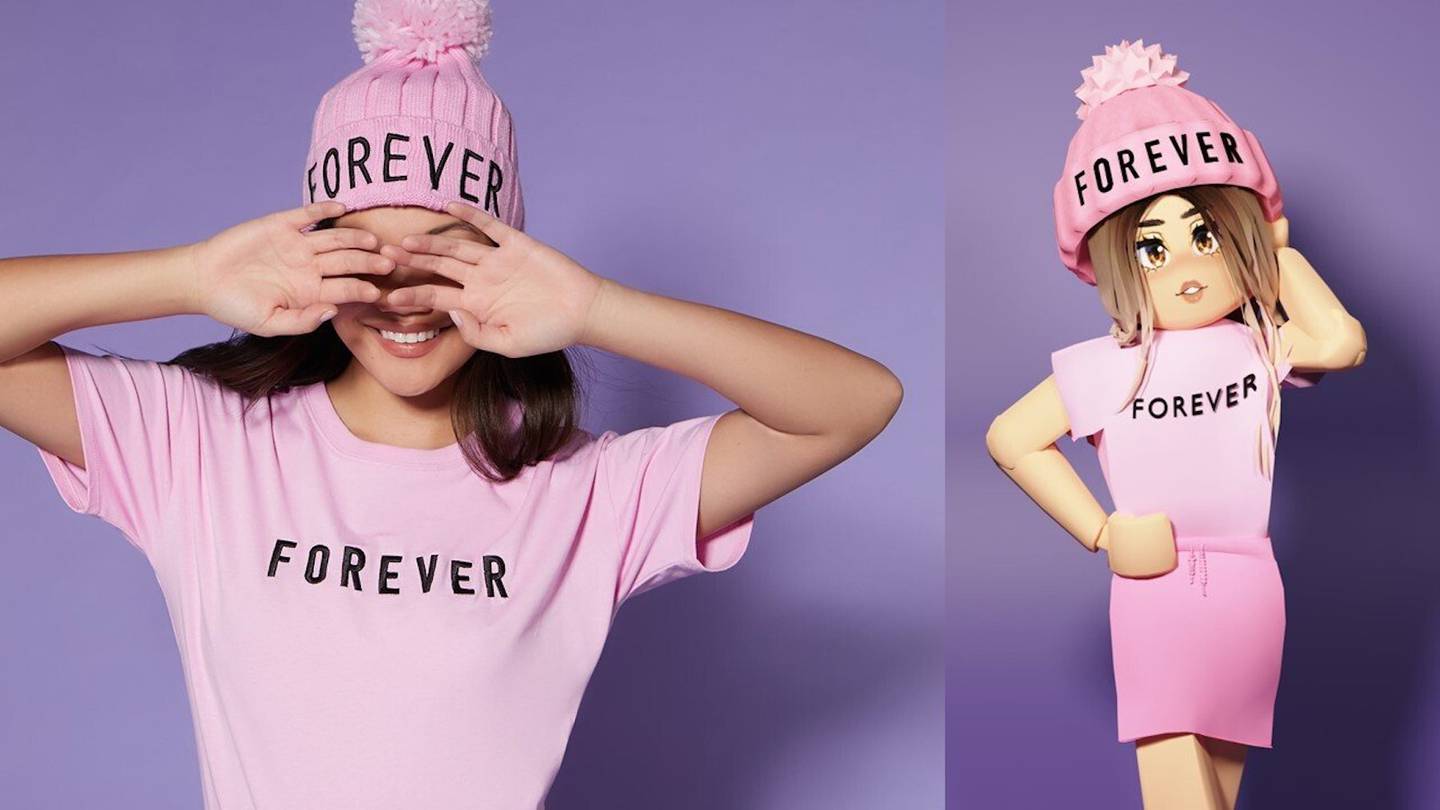 A woman (left) and digital avatar (right) wearing a pink T-shirt and beanie branded with the word "Forever" in black letters.