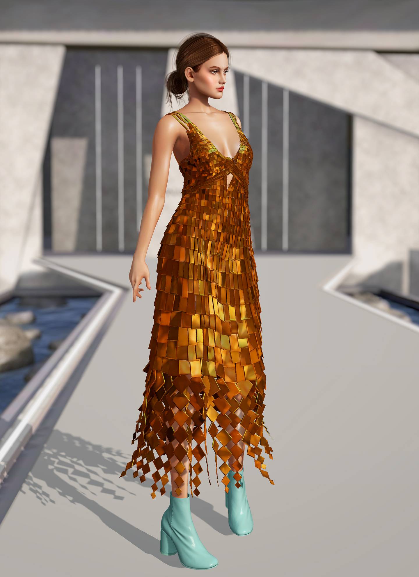A virtual model wears a dress made of small overlapping gold shingles that transition into a fringe-like hem.