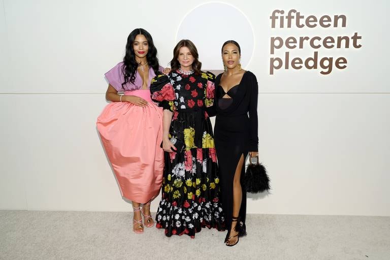 Aurora James, Natalie Massenet and Emma Grede attend The Fifteen Percent Pledge Benefit Gala at New York Public Library in April 2022 in New York City.