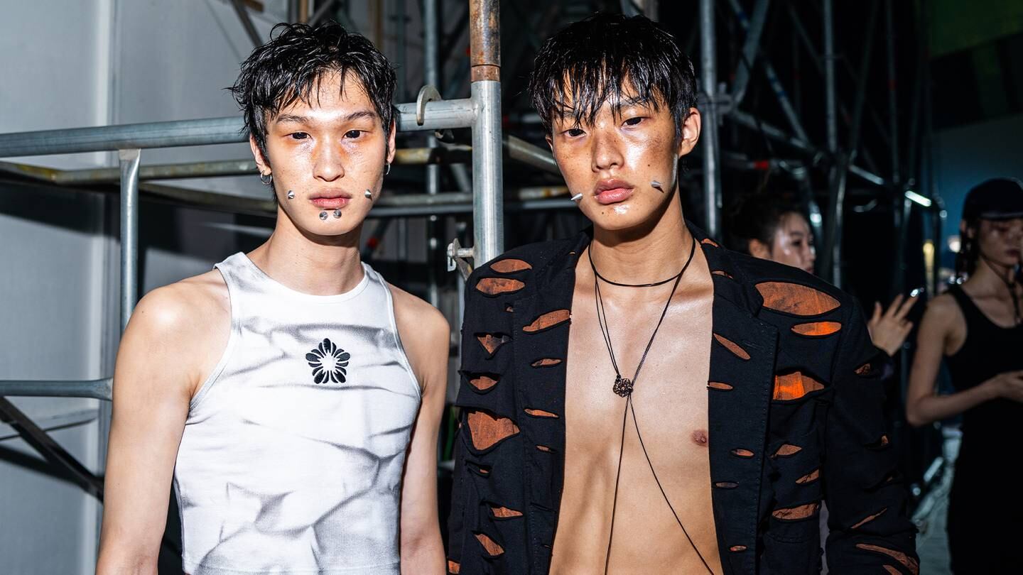 Models prepare backstage ahead of Ulkin, one of the Seoul Fashion Week S/S 2024 shows attended by members of K-pop band NewJeans in Sep. 2023 in Seoul, South Korea.