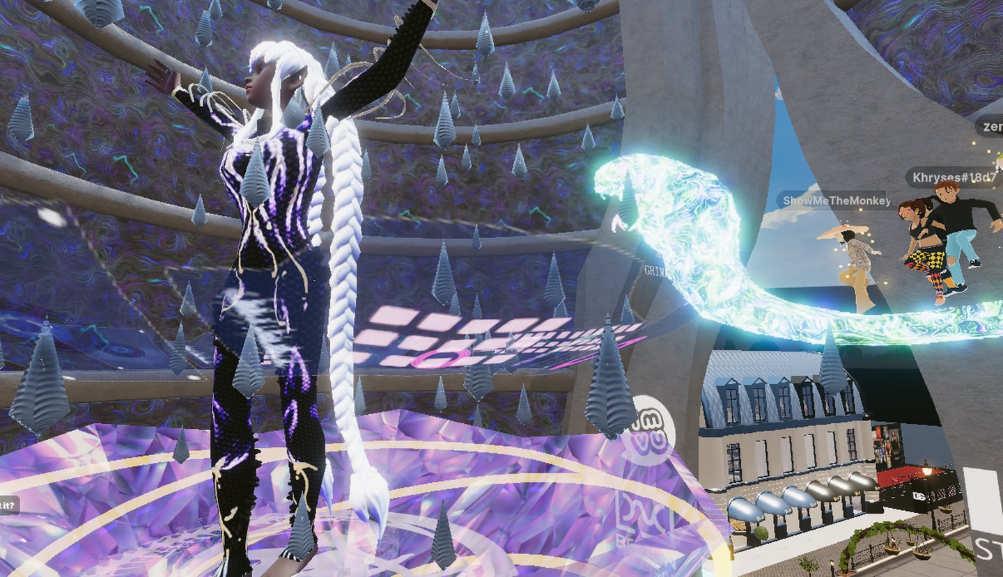 An avatar of Grimes with dark skin and white hair dances atop a glowing purple cyclone as a shining cobra reaches out behind her in the background.