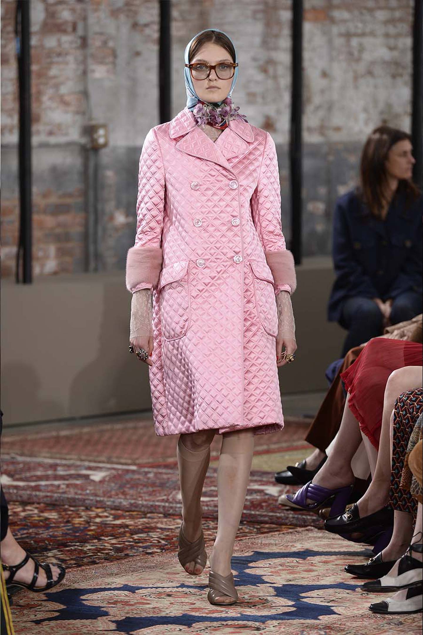 Headscarves like those worn by the Queen have repeatedly appeared in Alessandro Michele's Gucci shows.