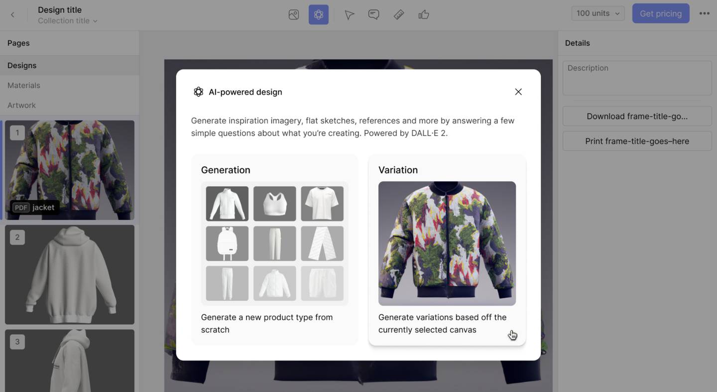 A prompt on a computer screen allows the user to select from different clothing templates or to generate variations of an uploaded image.