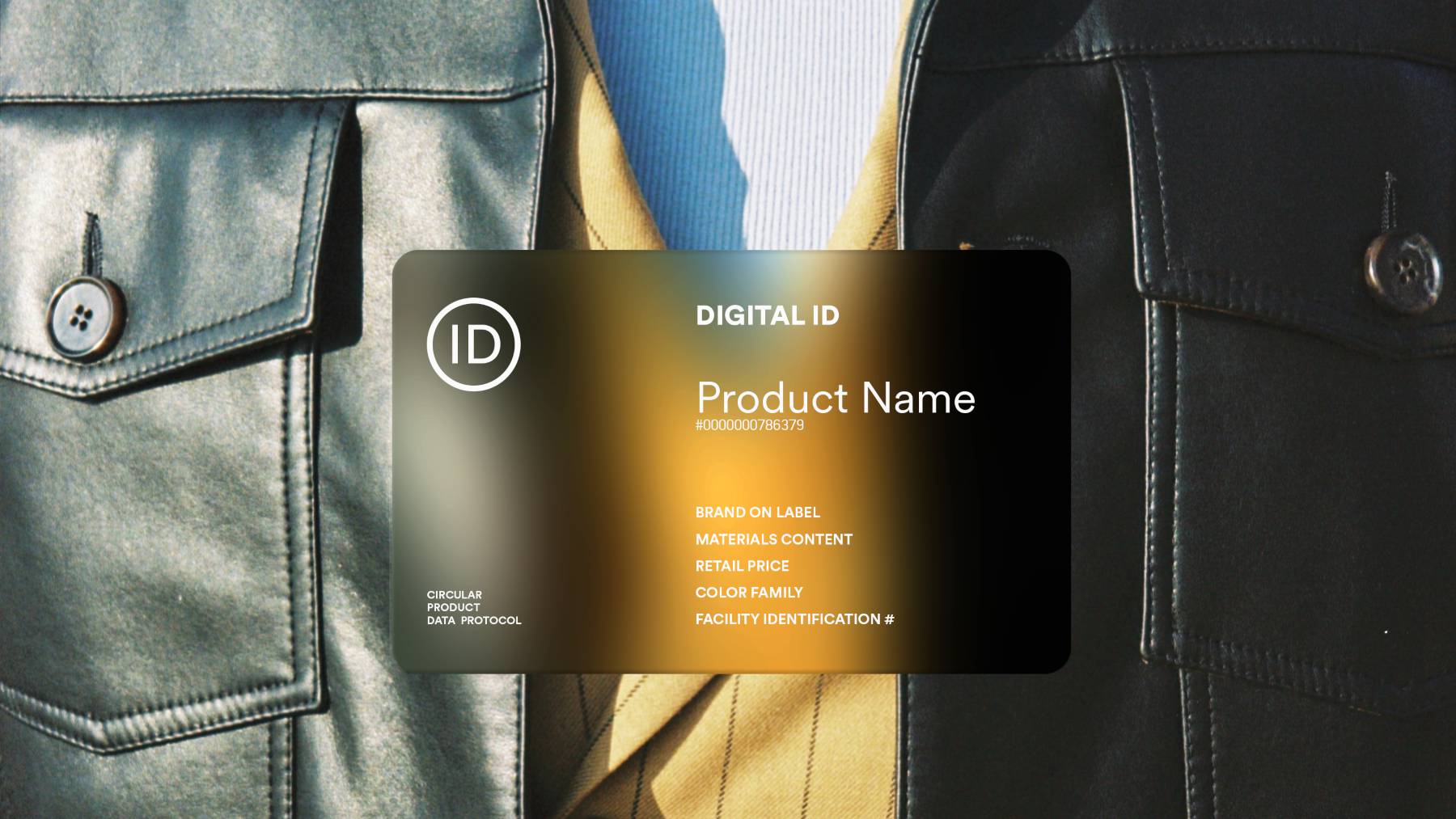 A text box hovering over a shot of a detail shot of a leather jacket over top a shirt has information such as brand on label, materials, retail price and more.