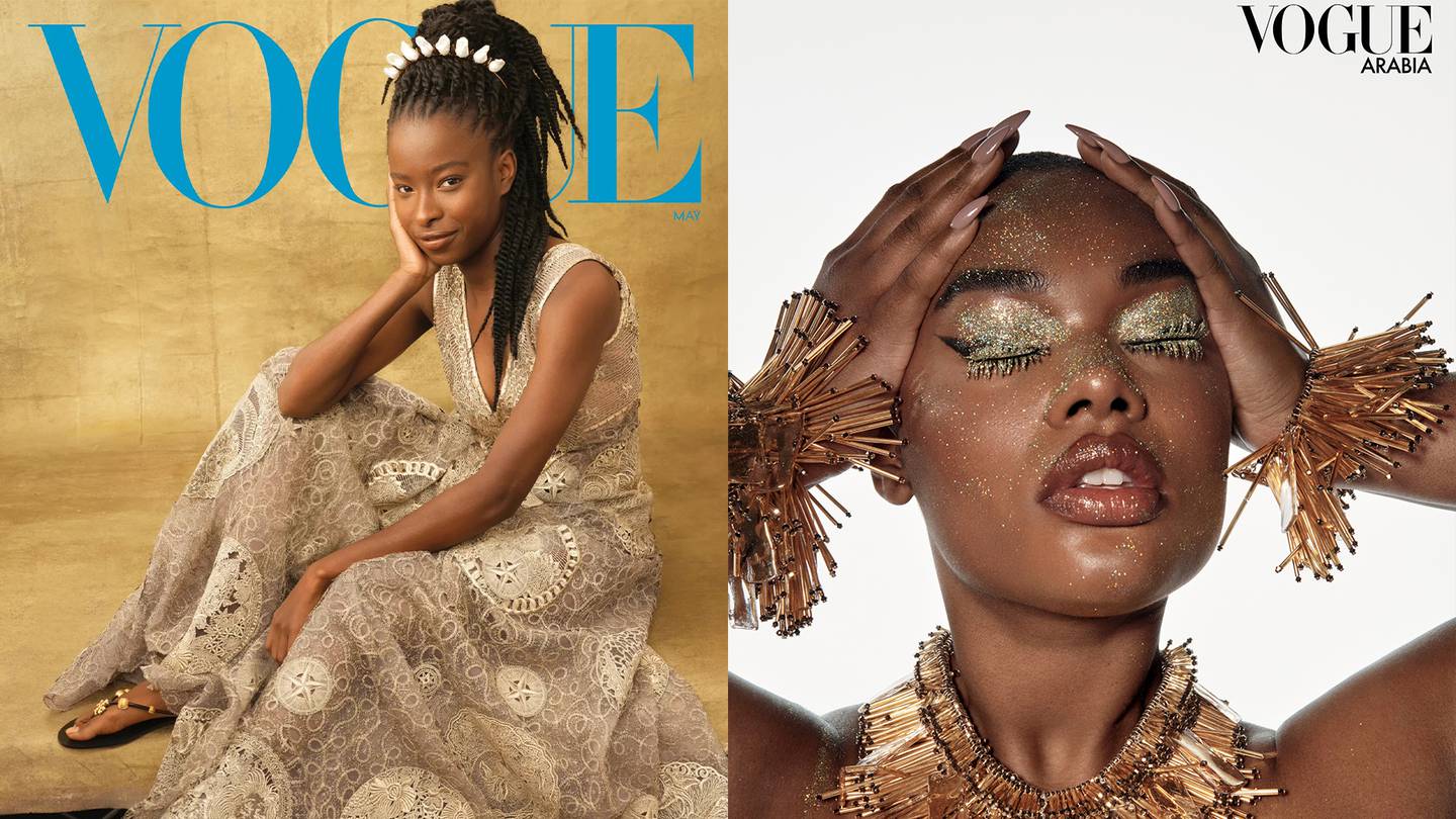 Amanda Gorman's hair was styled by Lacy Redway for American Vogue's May cover; Makeup artist Raisa Flower styled Vogue Arabia cover. Courtesy.