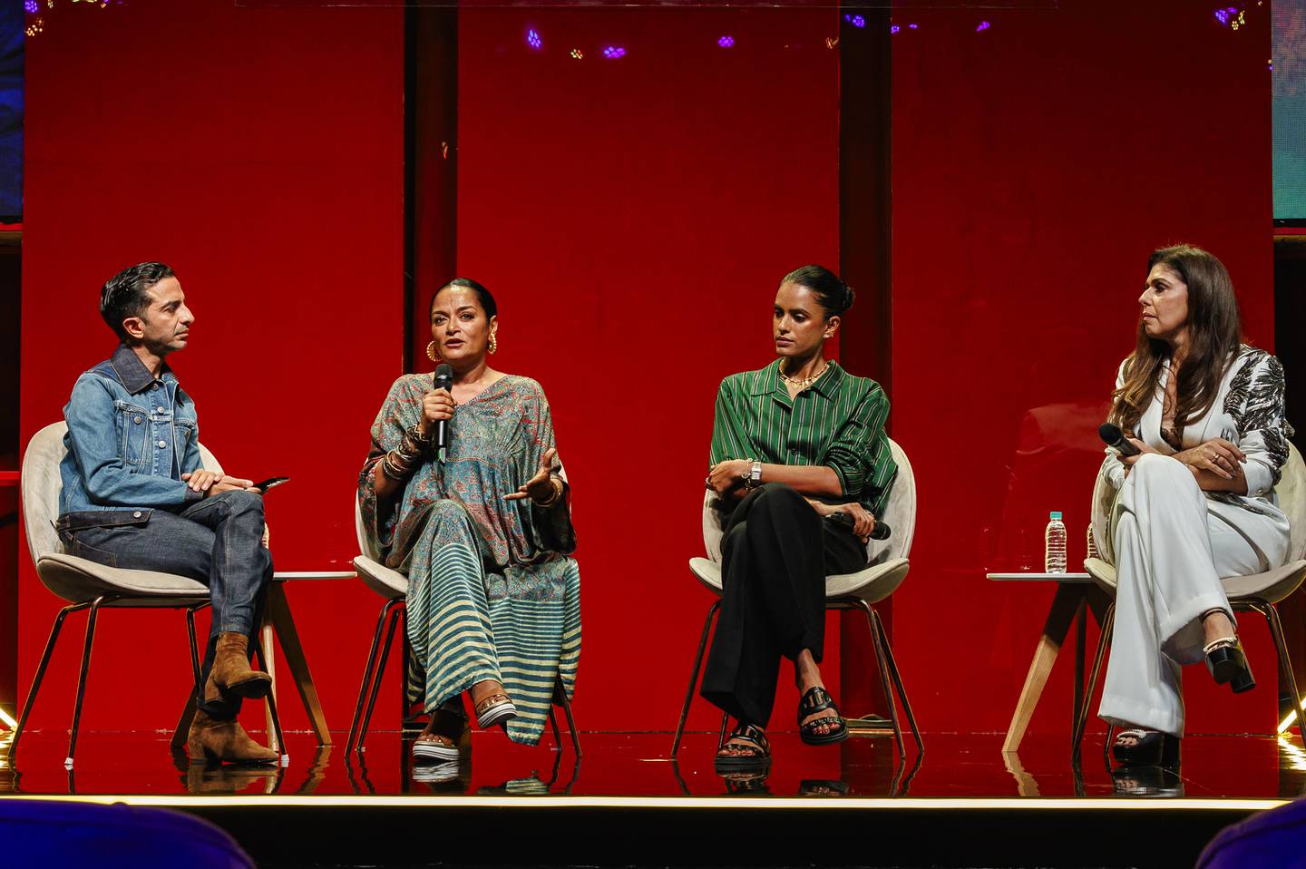 BoF's Imran Amed on stage with Bandana Tewari, lifestyle journalist, sustainability activist and former Vogue India fashion features editor, model Lakshmi Menon and Anaita Shroff Adajania, founder of Style Cell.