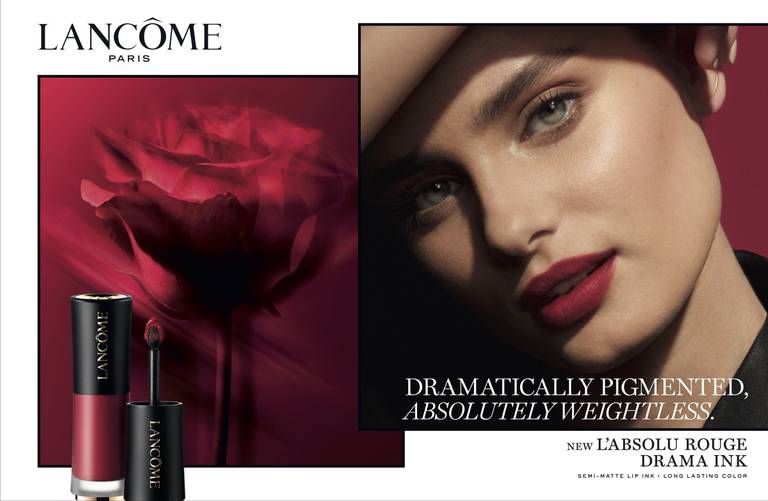 An ad Lancôme's for Drama Ink liquid lip colour, the launch of which was moved up ahead of the pandemic. Courtesy Lancôme