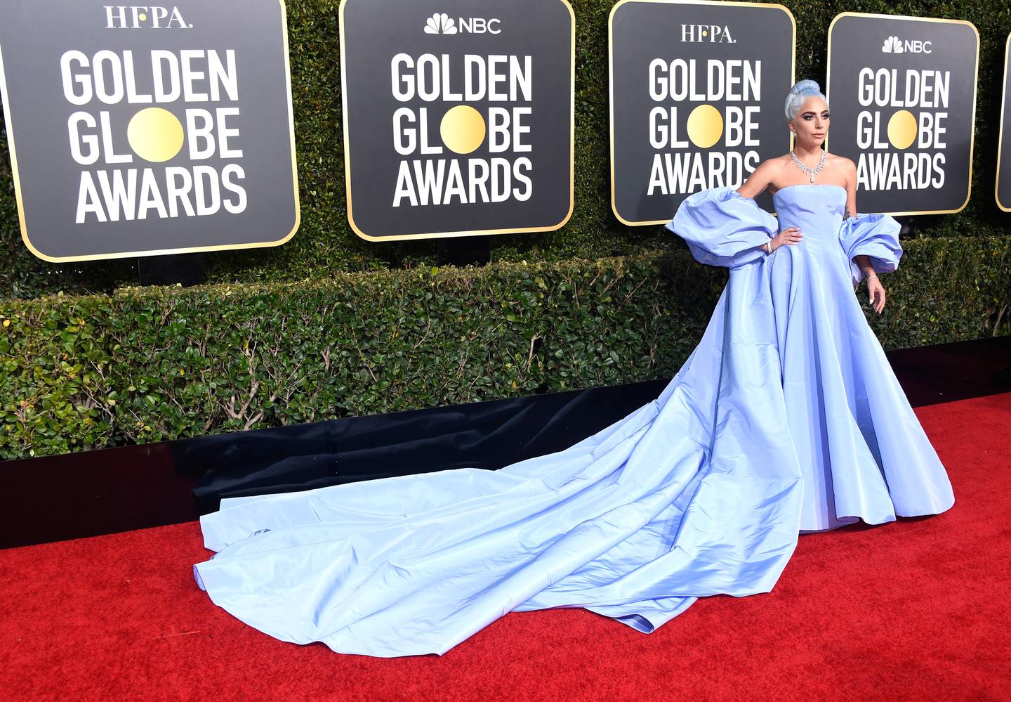 Lady Gaga attends the 76th Annual Golden Globe Awards wearing a Valentino periwinkle gown.