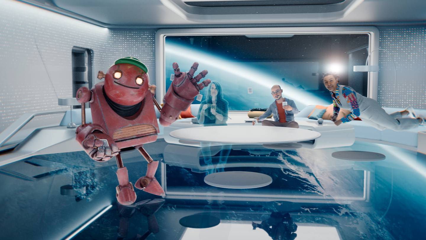 An image from Meta's presentation shows what looks like a meeting room in a spaceship with a circular table in the center where four avatars are sitting, one of which is a robot waving hello.
