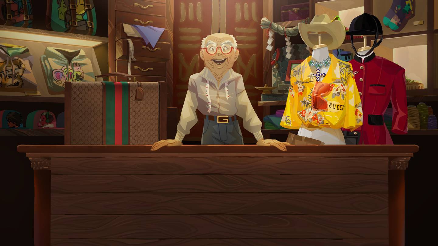 A cartoon version of an older gentelman stands in what looks like a tailor shop surrounded by Gucci clothing and accessories.