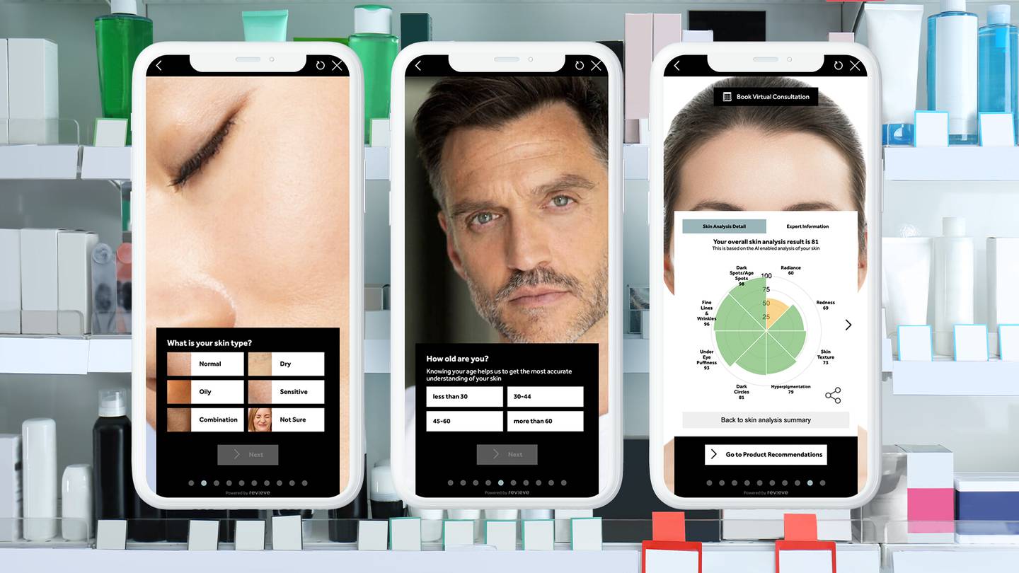 Revieve and No7's AI Skincare Advisor interface. Revieve, BoF collage.