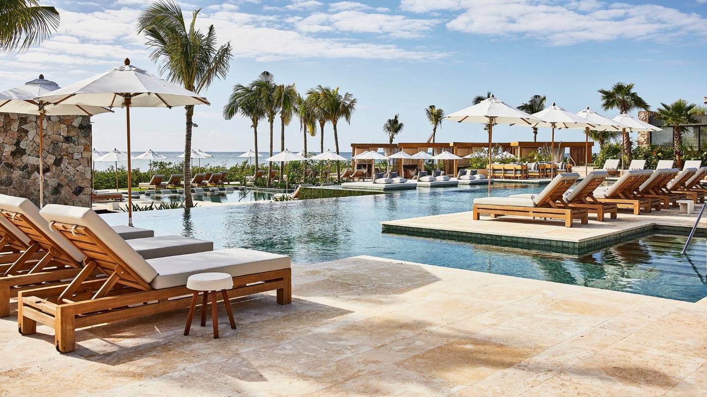 Sun loungers sit alongside a pool lined with palm trees and parasols.