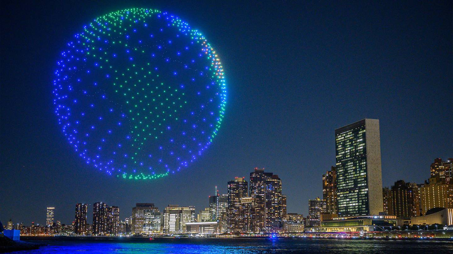 A light display created using drones is performed before the New York skyline and United Nations headquarters as part of a campaign to raise awareness about the Amazon rainforest and the global climate crisis ahead of the UN General Assembly, which runs alongside Climate Week.