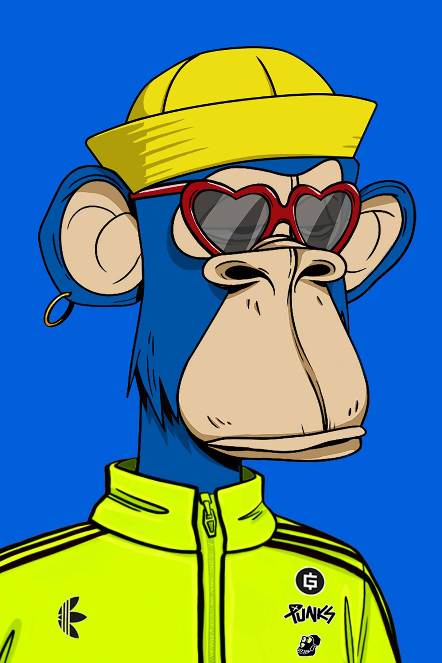 A blue-furred cartoon ape wears heart-shaped sunglasses and a neon yellow Adidas track jacket.