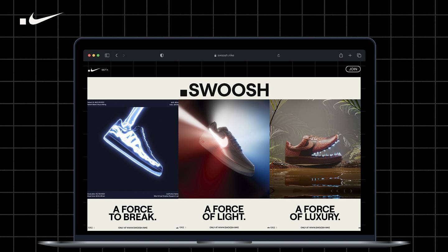 A composite image shows three of Nike's .Swoosh virtual creations, which reimagine the brand's Air Force 1 sneaker.