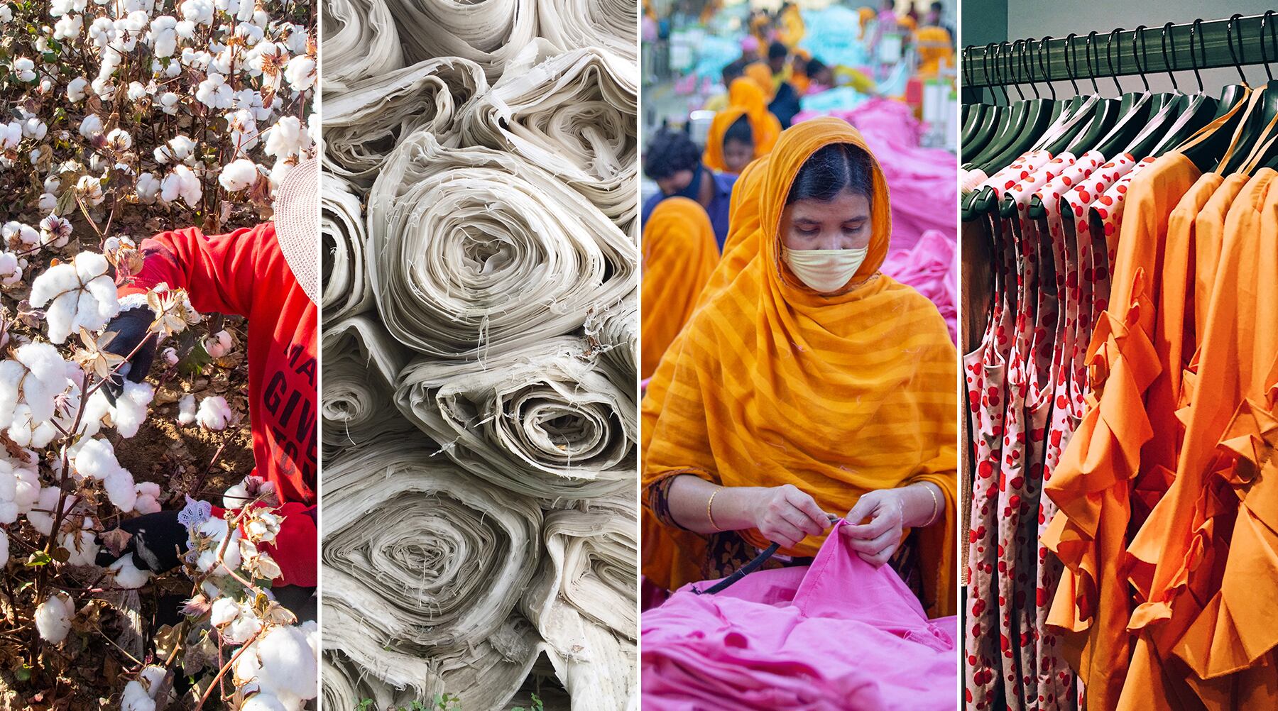[Left to right:] Cotton farm in Xinjiang; rolls of fabric; garment worker in Bangladesh; clothes on a rack