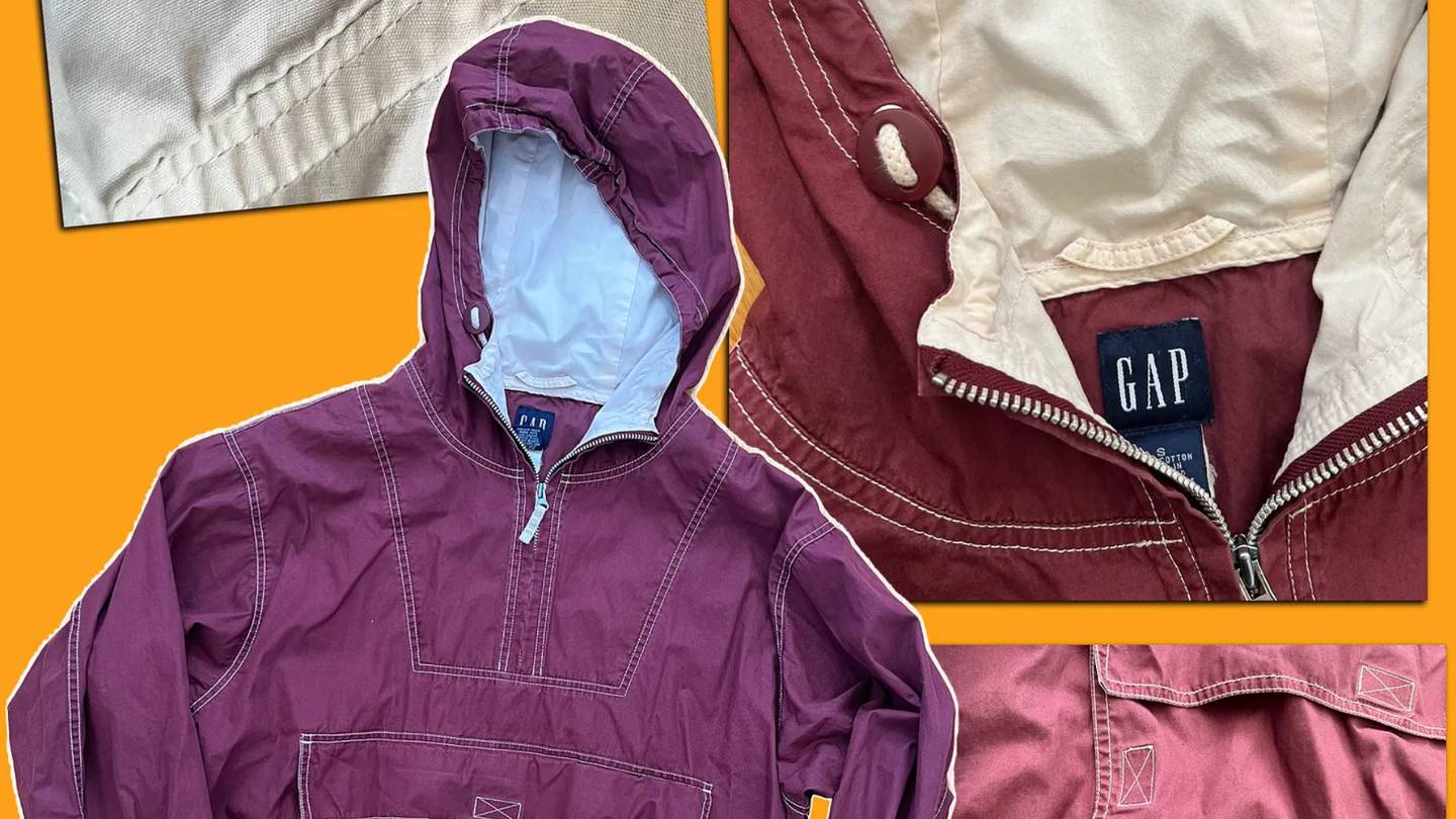 A photo collage shows different detail shots of a wine-coloured vintage Gap anorak.