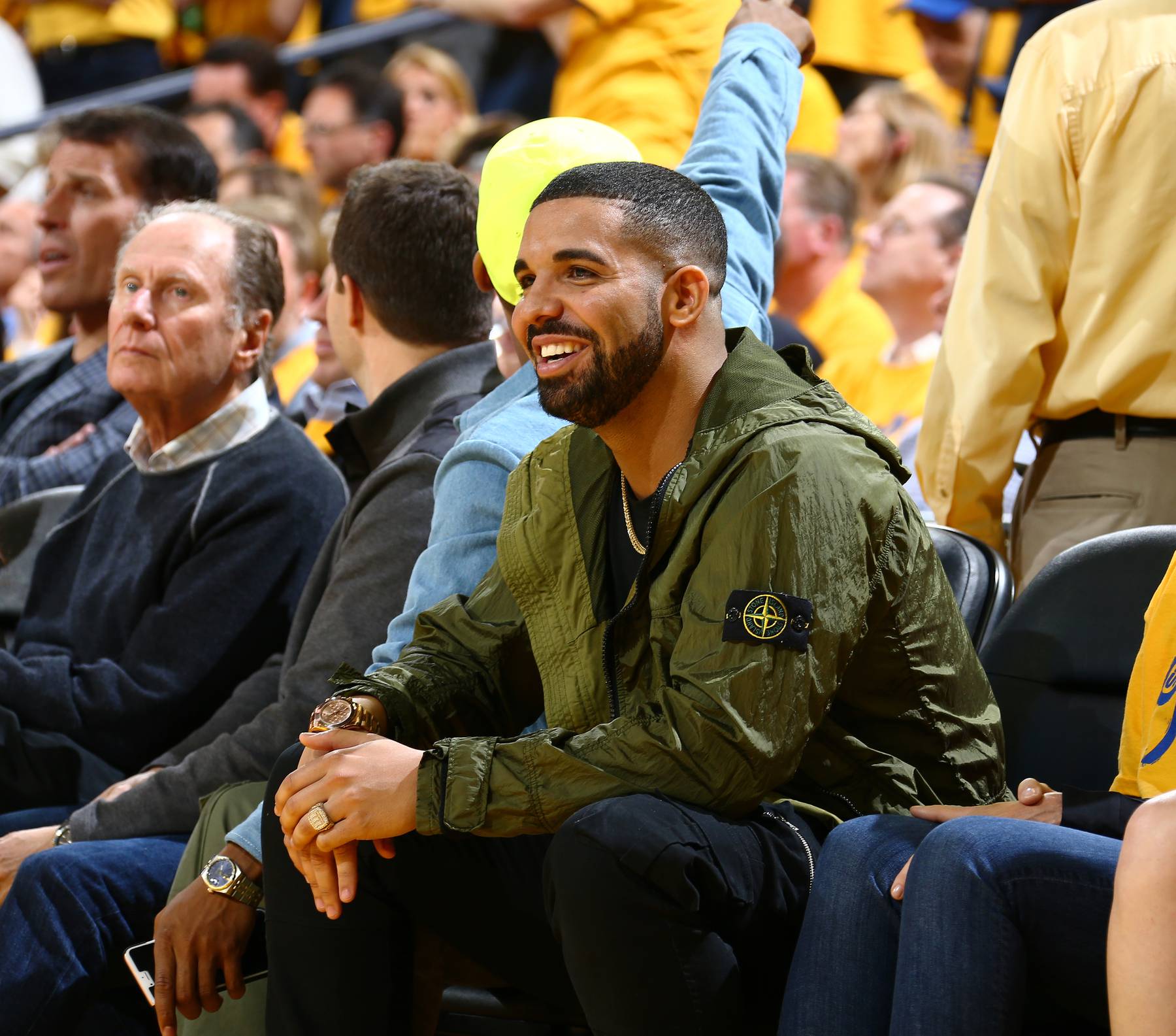 Canadian rapper Drake, one of Stone Island and Moncler's most prominent clients, attends the 2016 NBA finals wearing Stone Island. Getty Images.