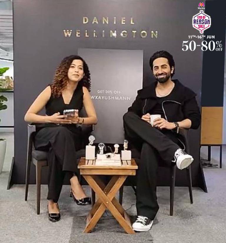 Screenshot from a livestream commerce session for Swedish watch and accessories brand Daniel Wellington on Myntra Live featuring Indian actor Ayushmann Khurrana (R) with moderator Kamiya Jani (L).