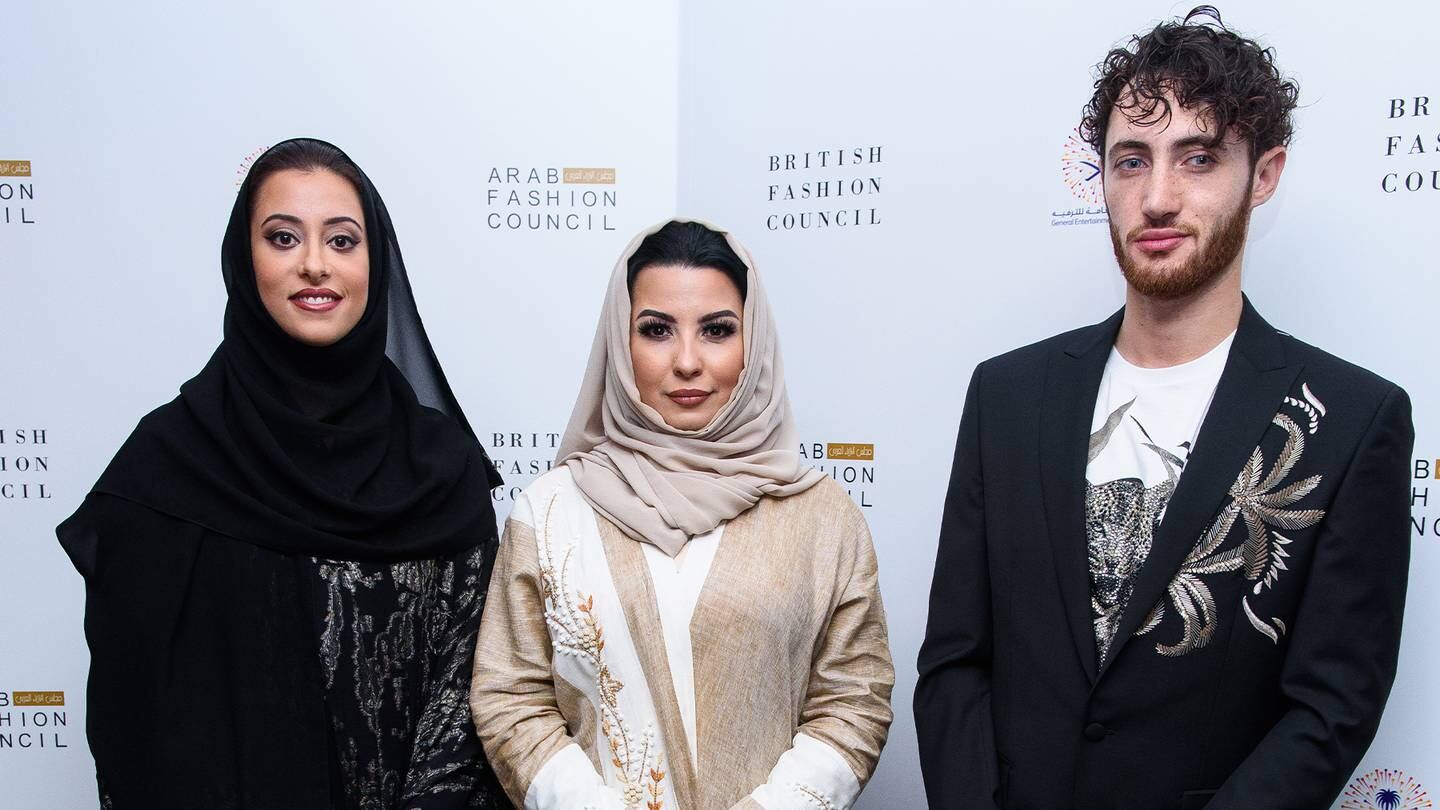 (L-R) Honorary president of the Arab Council, H. H. Princess Noura Bint Faisal Al Saud, Country Director Saudi Arabia, The Arab Fashion Council, Ms Layla Issa Abuzaid and founder and chief executive of the Arab Fashion Council, Jacob Abrian attend the Arab Fashion Council Breakfast during London Fashion Week.